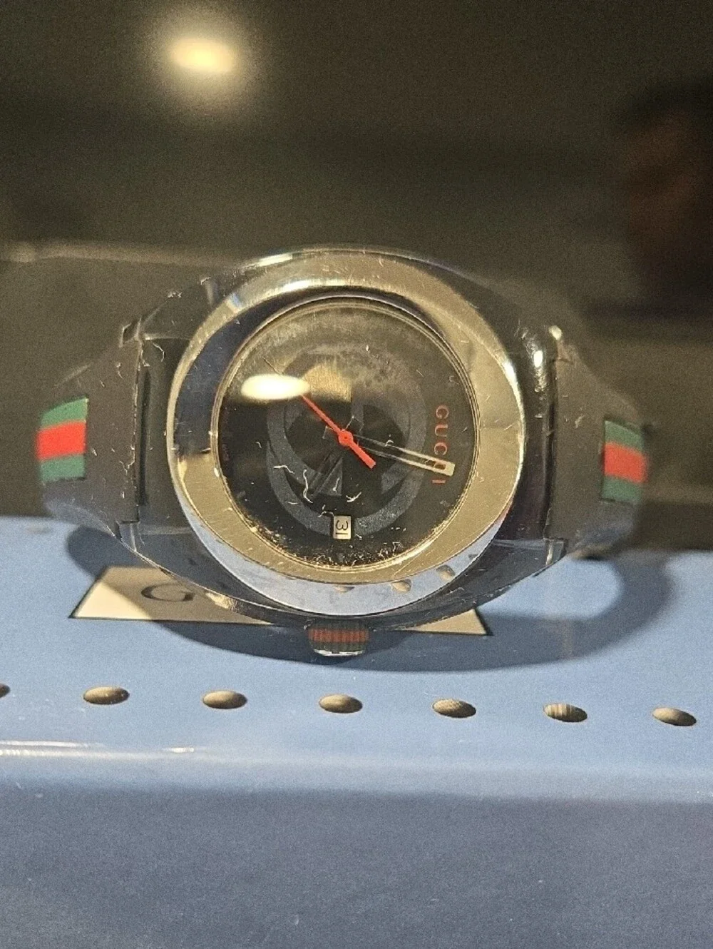 Gucci Black Watch with Green and Red Stripe Rubber Strap